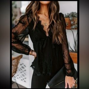 Plunge Neck Lace Tied Top, Casual Lantern Sleeve Top